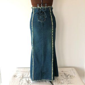 Midi Fringe Trim Jean Skirt
